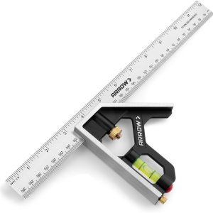 Arrow Combination Square, 12-Inch Combo Square with Stainless Steel Ruler, Zinc Alloy Body and Bubble Level for Carpenters and Craftsmen