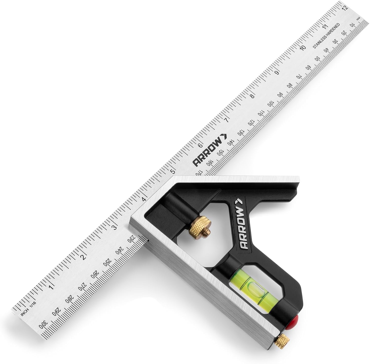 Arrow Combination Square, 12-Inch Combo Square with Stainless Steel Ruler, Zinc Alloy Body and Bubble Level for Carpenters and Craftsmen