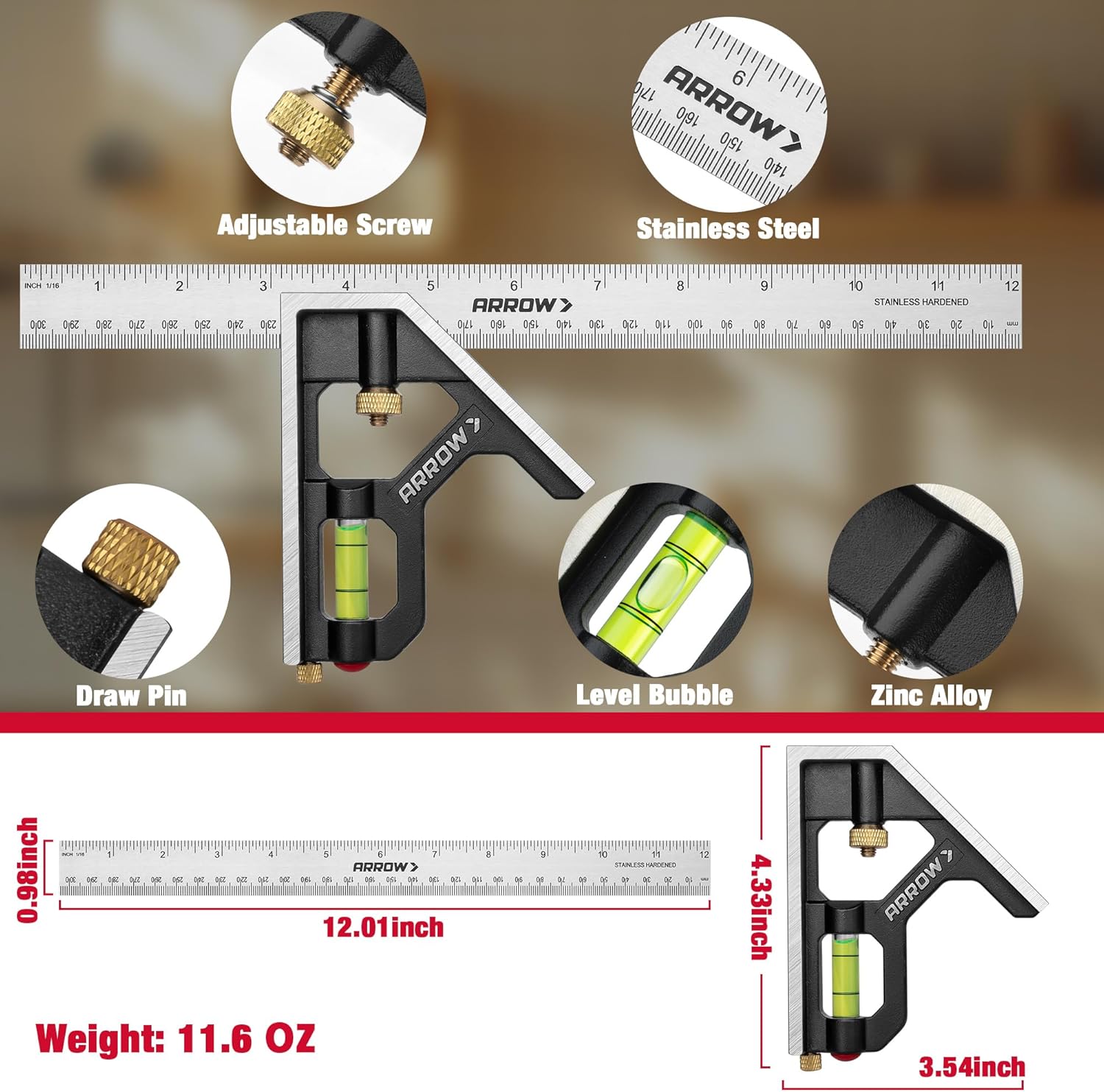 Arrow Combination Square, 12-Inch Combo Square with Stainless Steel Ruler, Zinc Alloy Body and Bubble Level for Carpenters and Craftsmen - Image 3
