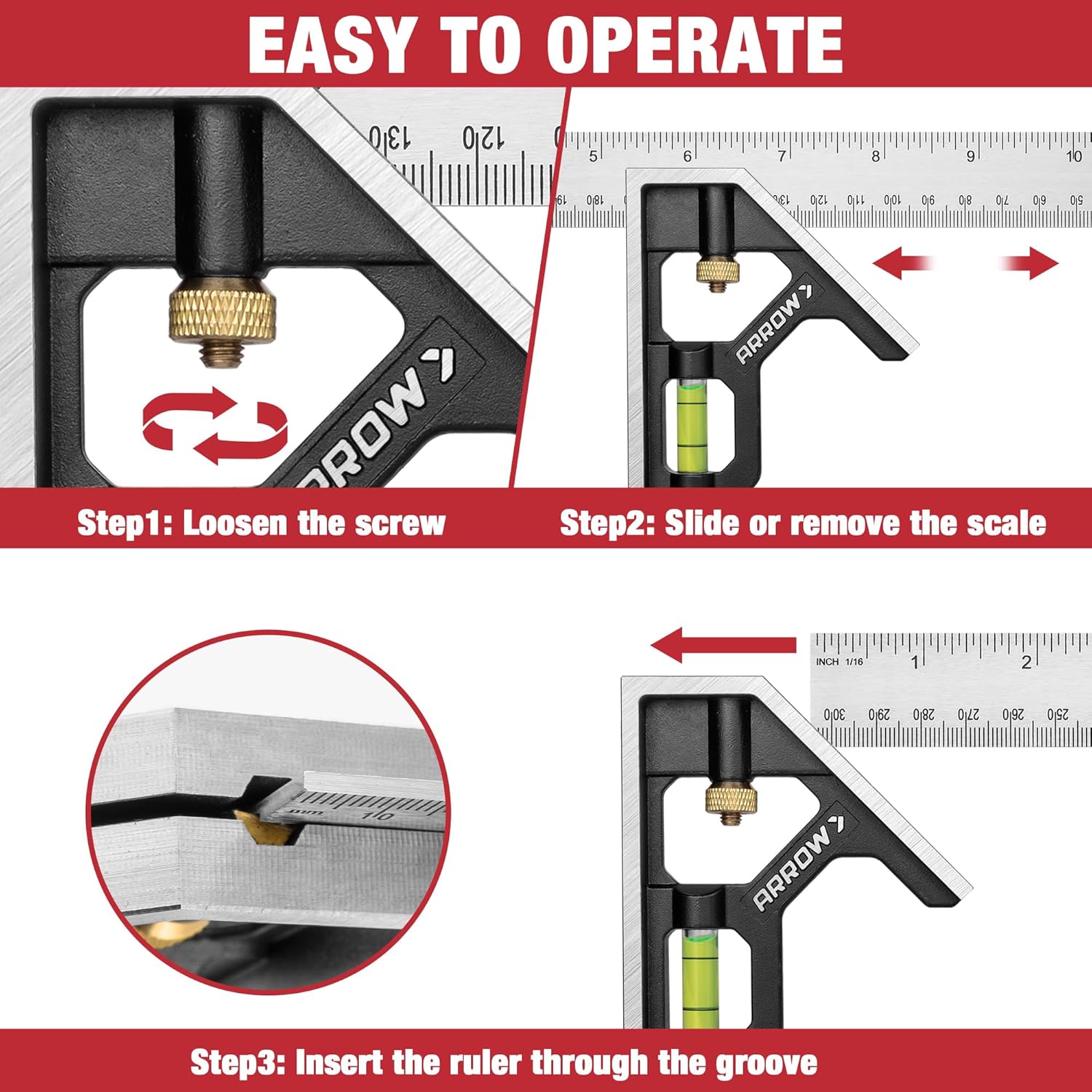 Arrow Combination Square, 12-Inch Combo Square with Stainless Steel Ruler, Zinc Alloy Body and Bubble Level for Carpenters and Craftsmen - Image 4