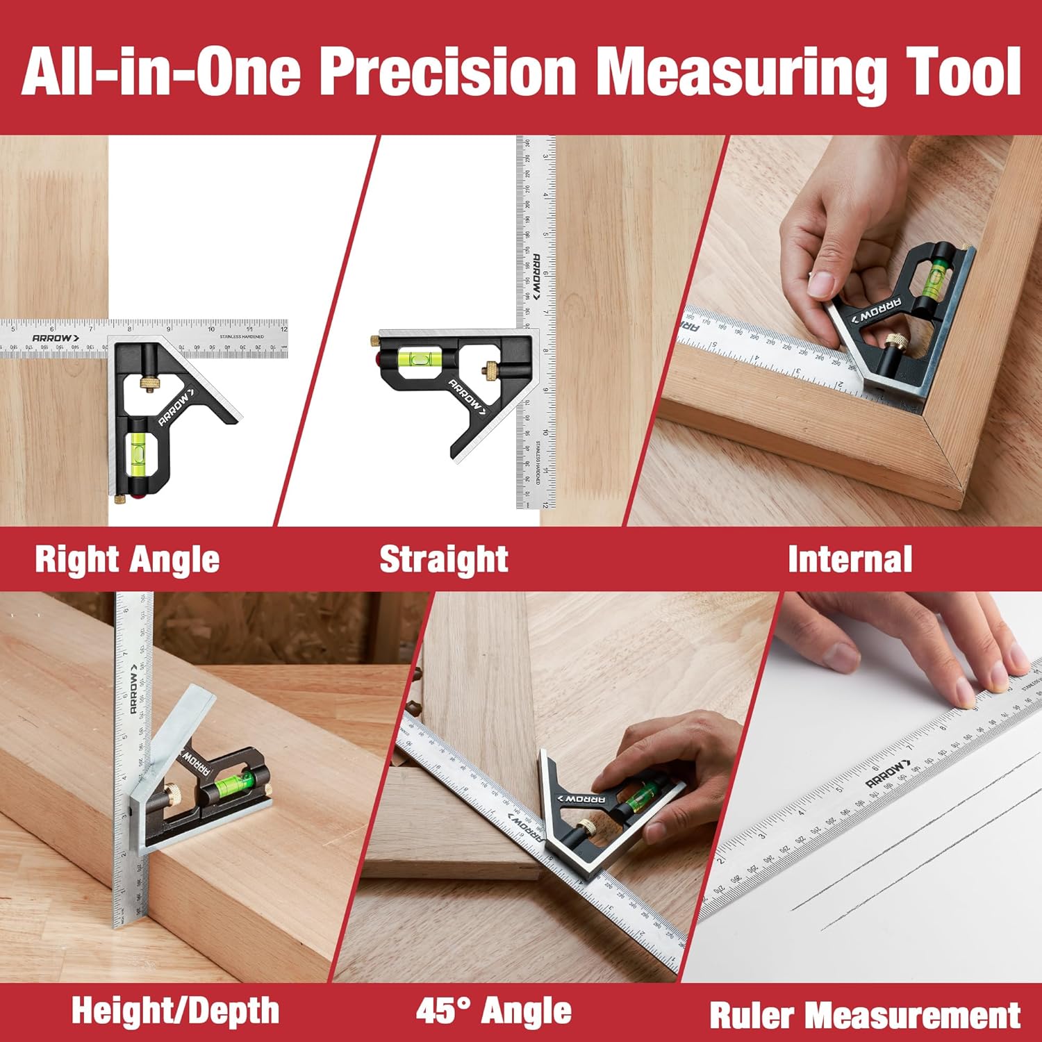 Arrow Combination Square, 12-Inch Combo Square with Stainless Steel Ruler, Zinc Alloy Body and Bubble Level for Carpenters and Craftsmen - Image 5