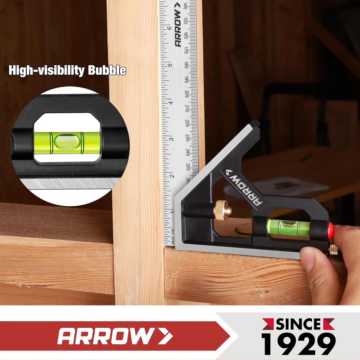 Arrow Combination Square, 12-Inch Combo Square with Stainless Steel Ruler, Zinc Alloy Body and Bubble Level for Carpenters and Craftsmen - Image 7