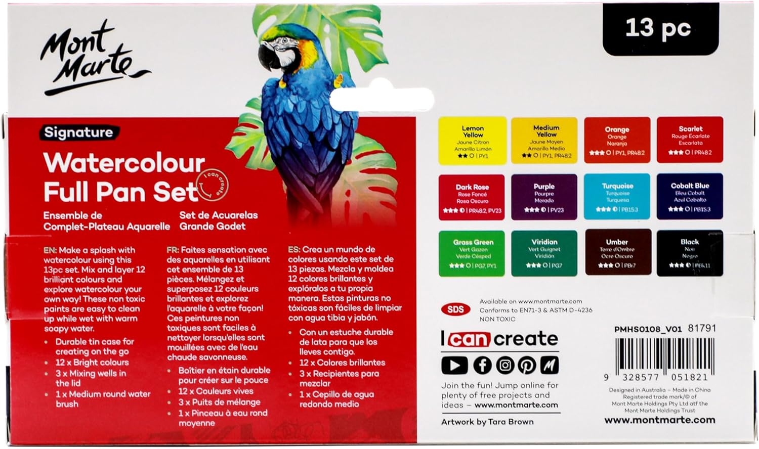 Mont Marte Watercolor Set Full Pan Signature 13pc in Tin, Vibrant, Multi-Color with Translucent Finish, Portable Watercolor Set - Image 6