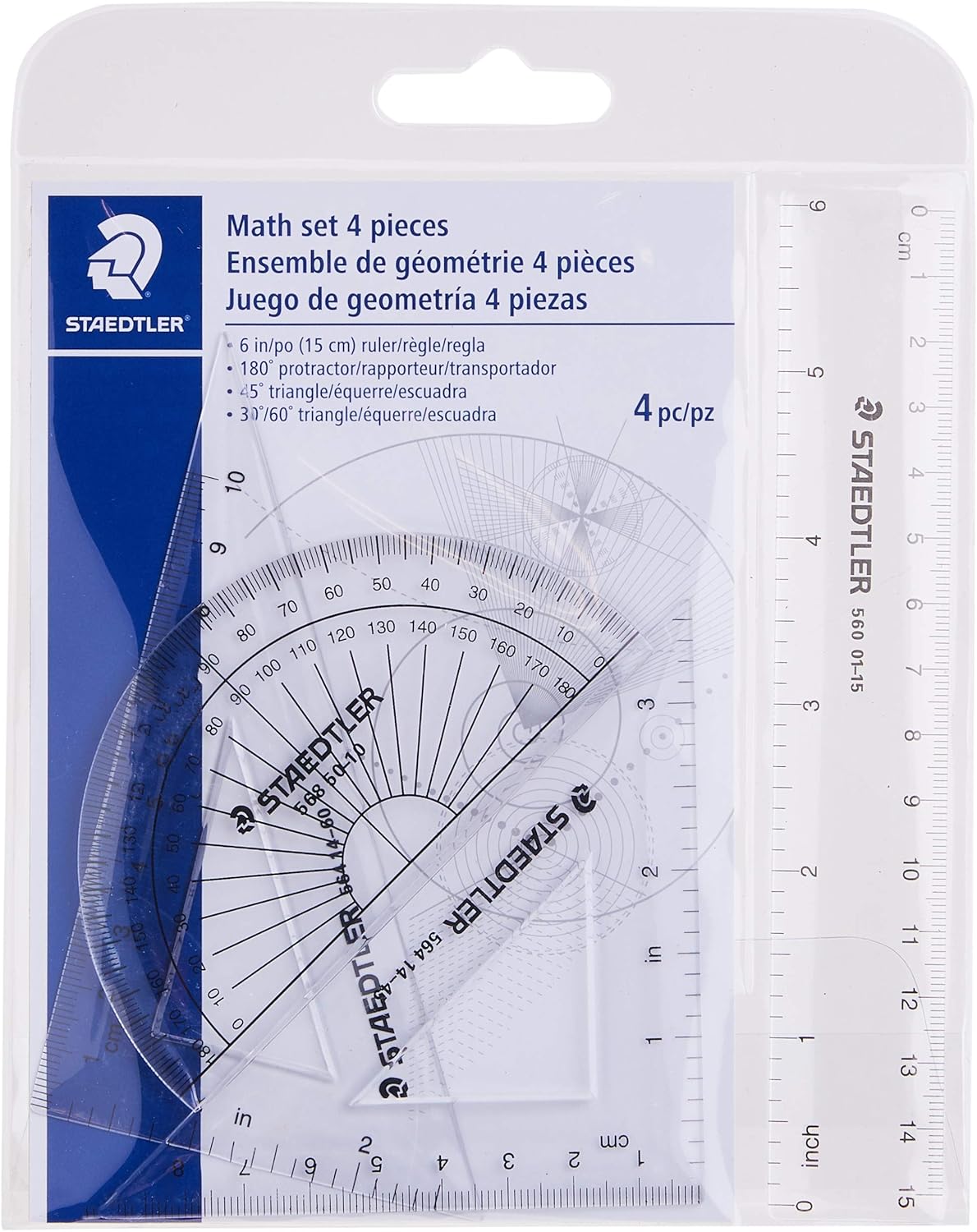 STAEDTLER Math Set - 4 pc Geometry Kit for Students - School Supplies with Clear Protractor, 6in Ruler & 2 Triangles – Metric & Imperial Scales